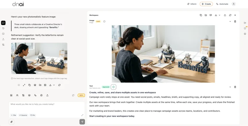 Create workspace with chat and asset review